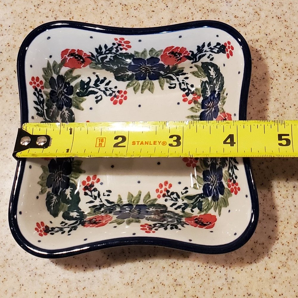 Square Wavy Edge Condiment Bowl Dish Handmade in Poland "Polish Wreath" … - Picture 6 of 6